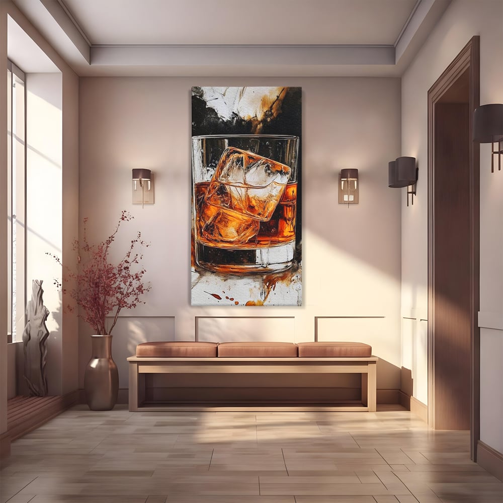 Tablou canvas cu tablou canvas cu pahar de whisky si gheata, fara rama, pe sasiu de lemn